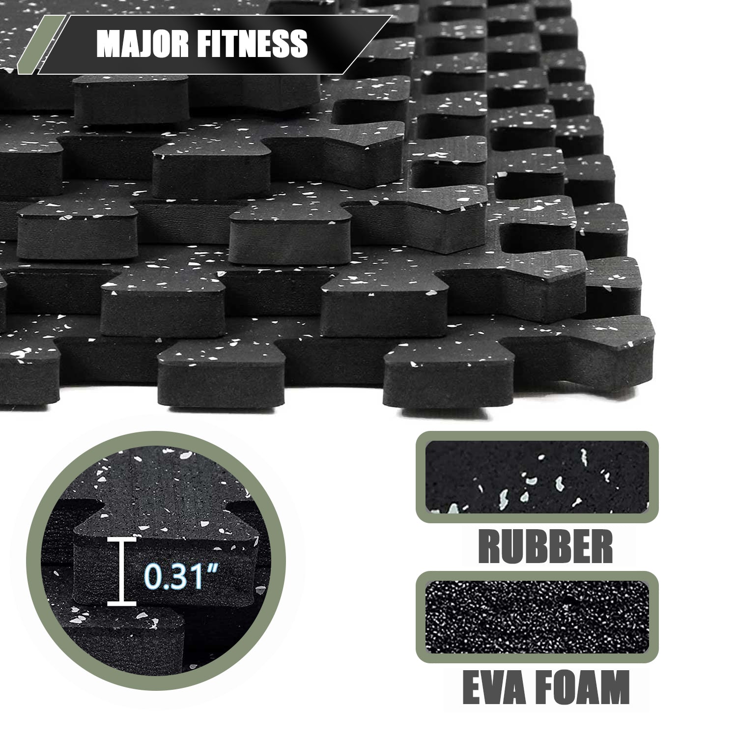 Major Fitness 16Pcs Rubber Flooring Gym Mats 0.31" Thickness